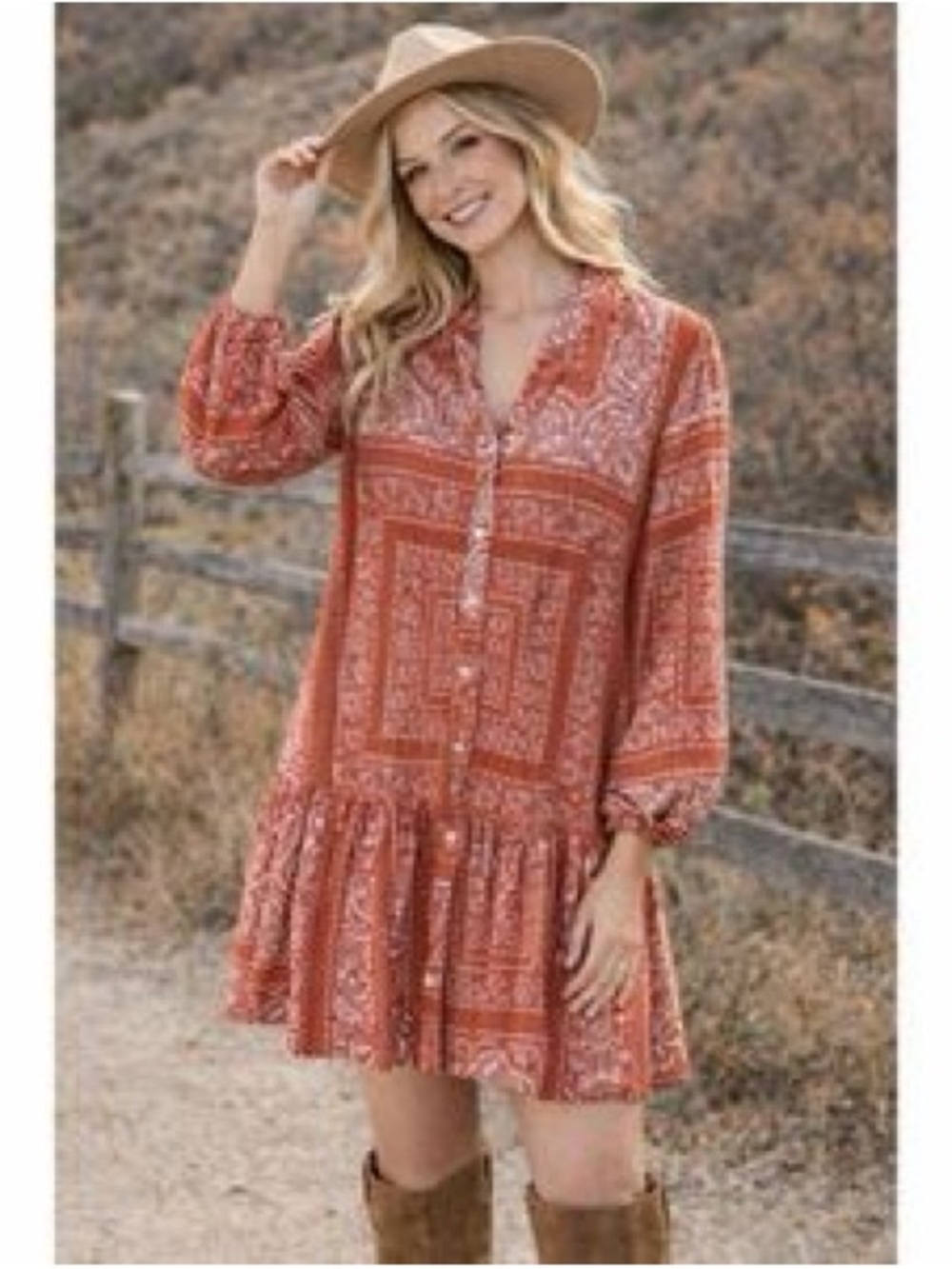 Dizzy Rust Paisley Button-Front Tiered Mini Dress